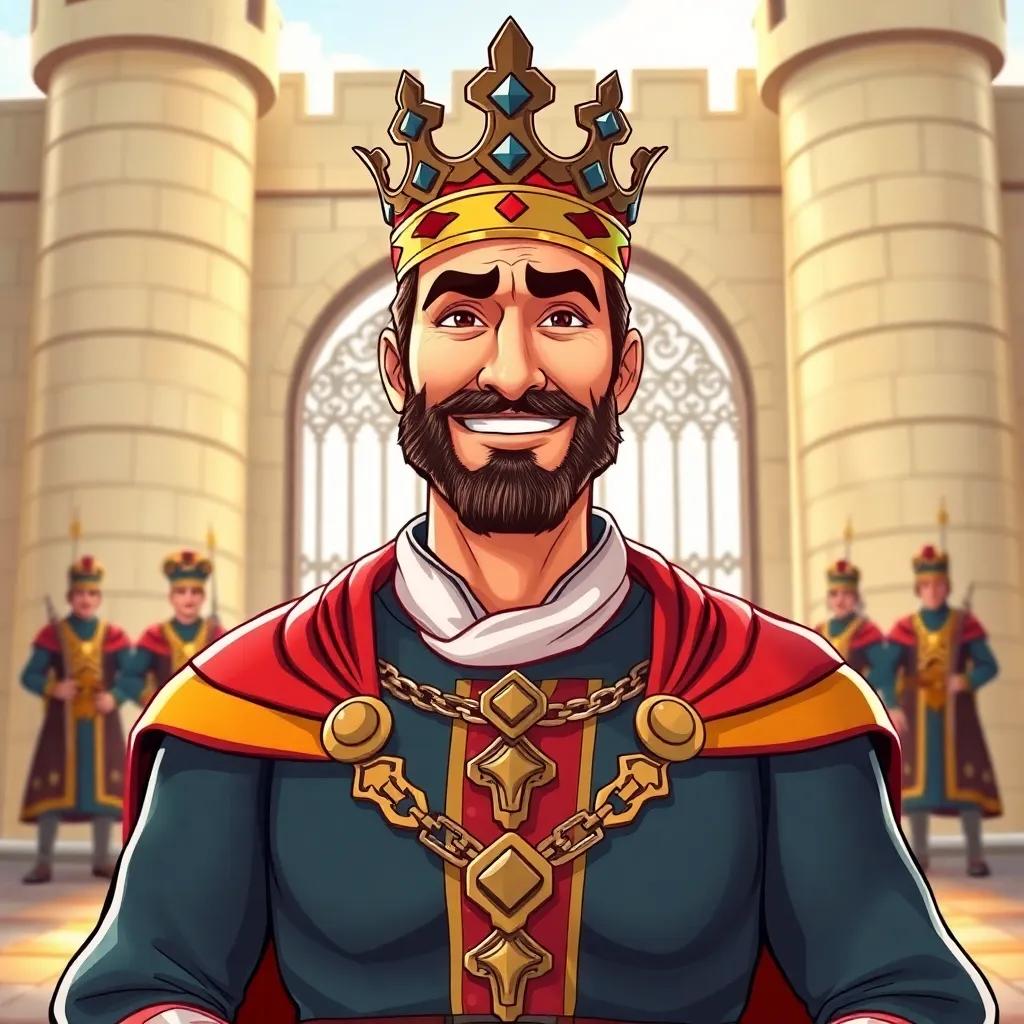 A confident man, Badr al-Din Lulu, with a proud smile, standing outside the castle gates with guards, wearing a noble outfit with a cape and a crown, illustration, determined pose, bright colors, royal atmosphere
