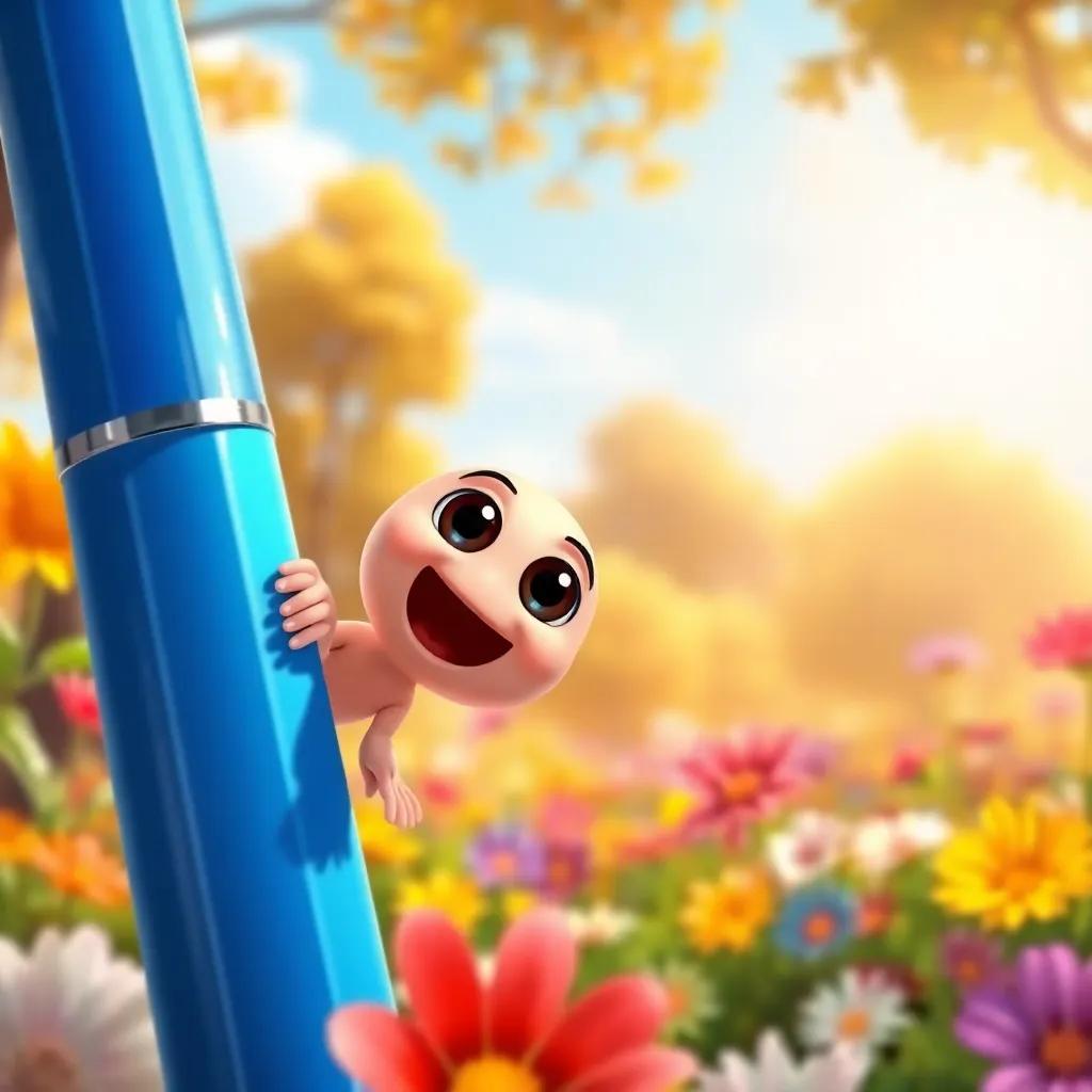 A small ink dot, looking eager and excited, peeking out of a blue pen, surrounded by a bright background with sunshine, trees, and colorful flowers, digital art, vibrant colors, cheerful atmosphere, high quality