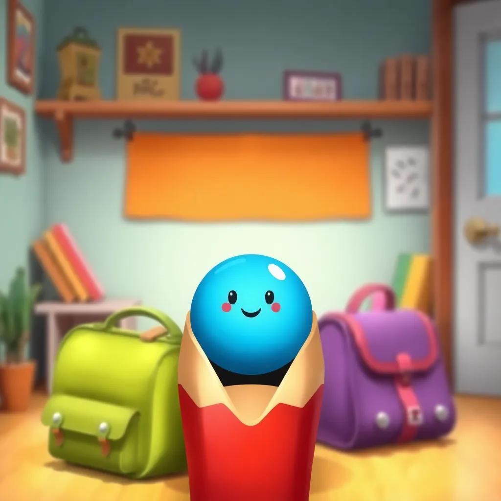 A small smiling ink dot inside an open pen, with a school bag beside it, cartoon style, colorful, inviting, homey setting, high quality