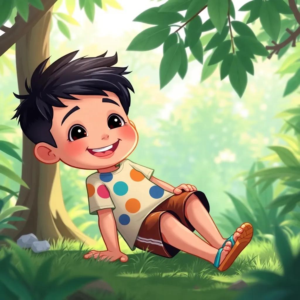 A lazy young boy, Namool, with short black hair and wearing a colorful t-shirt and shorts, playing in a bright green forest, with sunlight filtering through the leaves, cheerful atmosphere, digital art, vibrant colors, adventurous scene