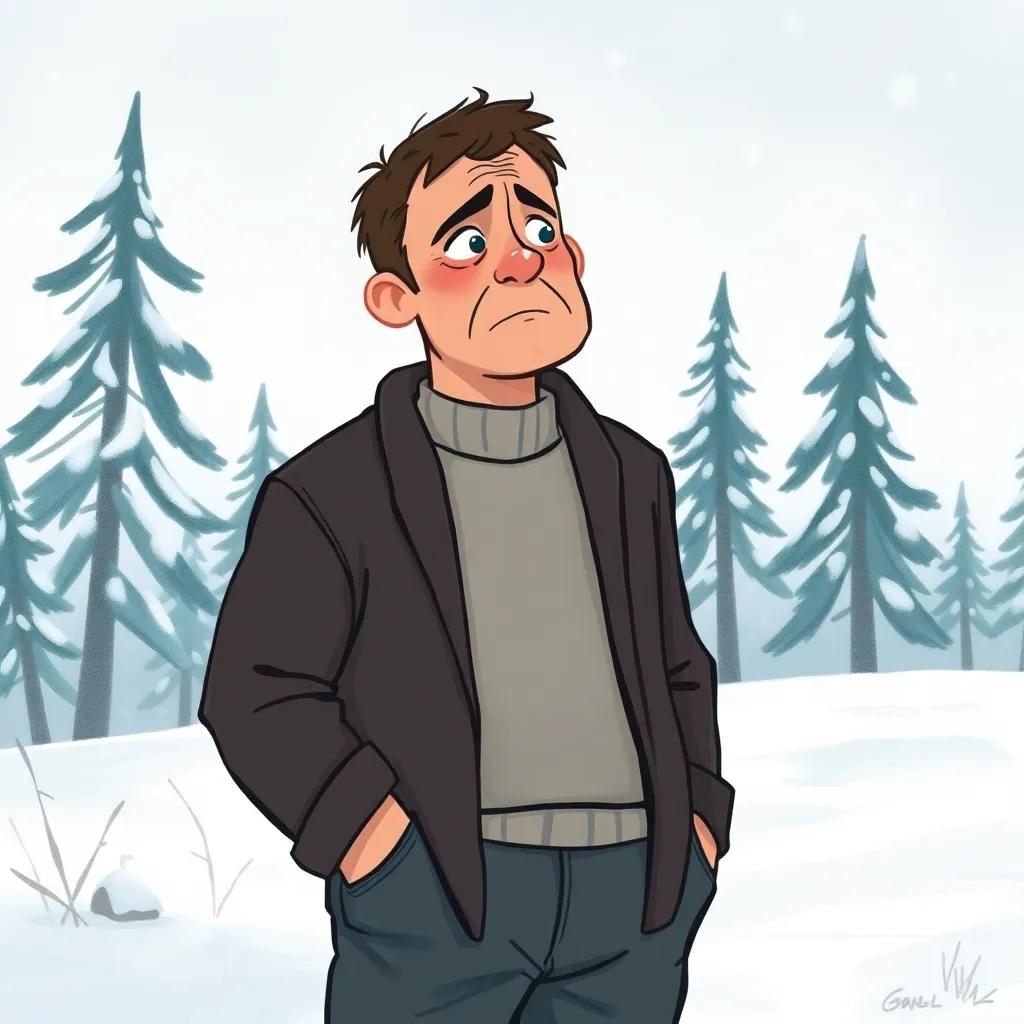 A worried father, with short hair and wearing simple clothes, standing in a snowy landscape with trees and a cold sky, searching for his son, looking anxious and concerned, digital painting, cold tones, emotional atmosphere