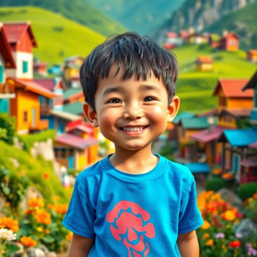 A small boy, Nansensn, with short black hair and wearing a bright blue shirt, standing in a colorful village with a big smile, surrounded by green hills and flowers, cheerful atmosphere, vivid colors, high quality digital art