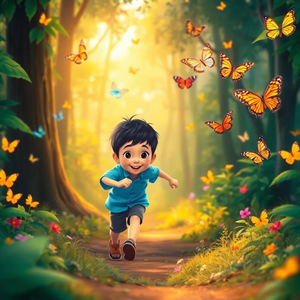 A small boy, Nansensn, with short black hair and in a bright blue shirt, running through a vibrant forest with colorful butterflies flying around, fun and playful, warm light, captivating scene, illustration, child-friendly