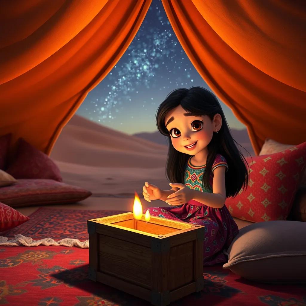 A young girl, Noura, with long dark hair, wearing a colorful dress, sitting in a desert tent with beautiful carpets and cushions, excitedly opening an old wooden box, under a starry sky, digital art, vibrant colors, warm atmosphere