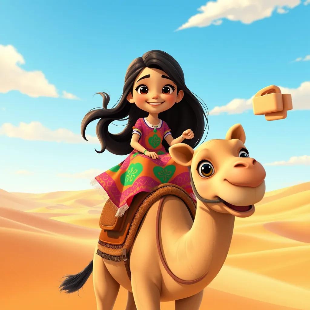 Noura, a young girl with long dark hair, wearing a colorful dress, riding on a friendly camel with large gentle eyes in a vast desert landscape, surrounded by golden sand dunes and a bright blue sky, cheerful adventure-themed illustration