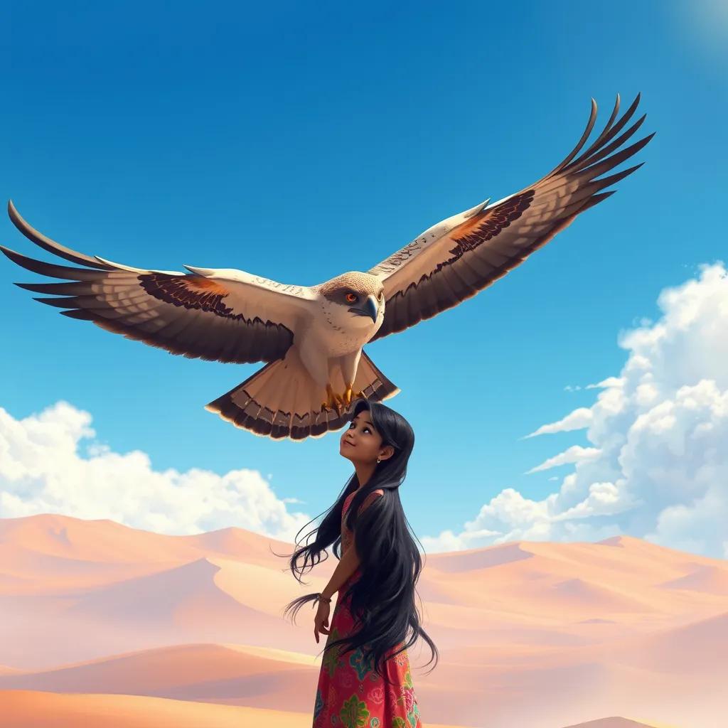 A majestic falcon soaring in the blue sky above Noura, a young girl with long dark hair wearing a colorful dress, with the desert below, symbolizing guidance and freedom, uplifting digital painting