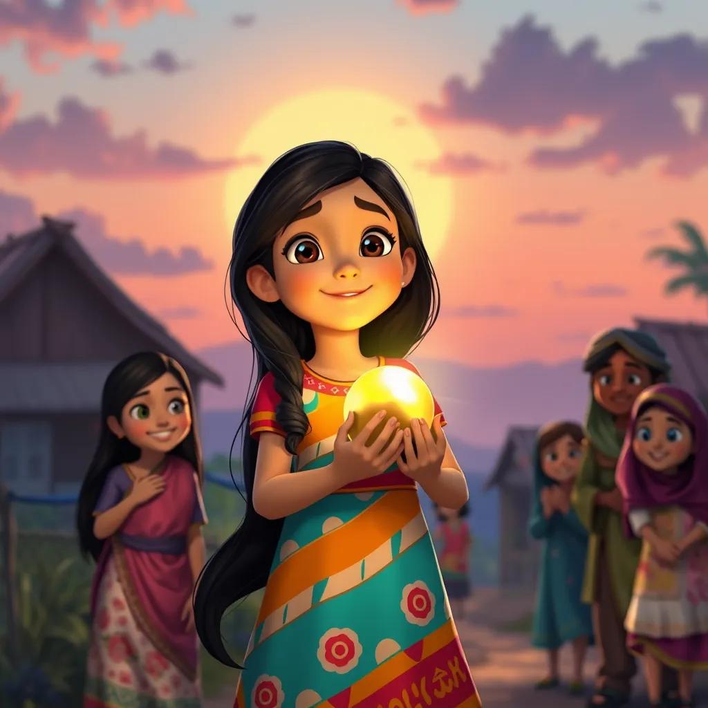 Noura, a young girl with long dark hair wearing a colorful dress, returning home at twilight, proudly holding a shiny golden object that represents a solution to her village's problem, her family and friends welcoming her with joy, heartwarming atmosphere, rich colors