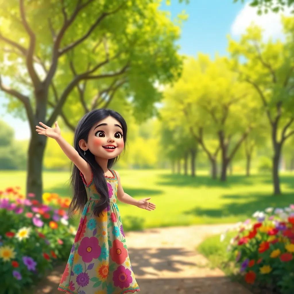 A young Arab girl, Nour, with long, dark hair, wearing a colorful dress, playing in a sunny park filled with green trees and colorful flowers, joyful atmosphere, digital art, bright colors, cheerful backdrop, high quality