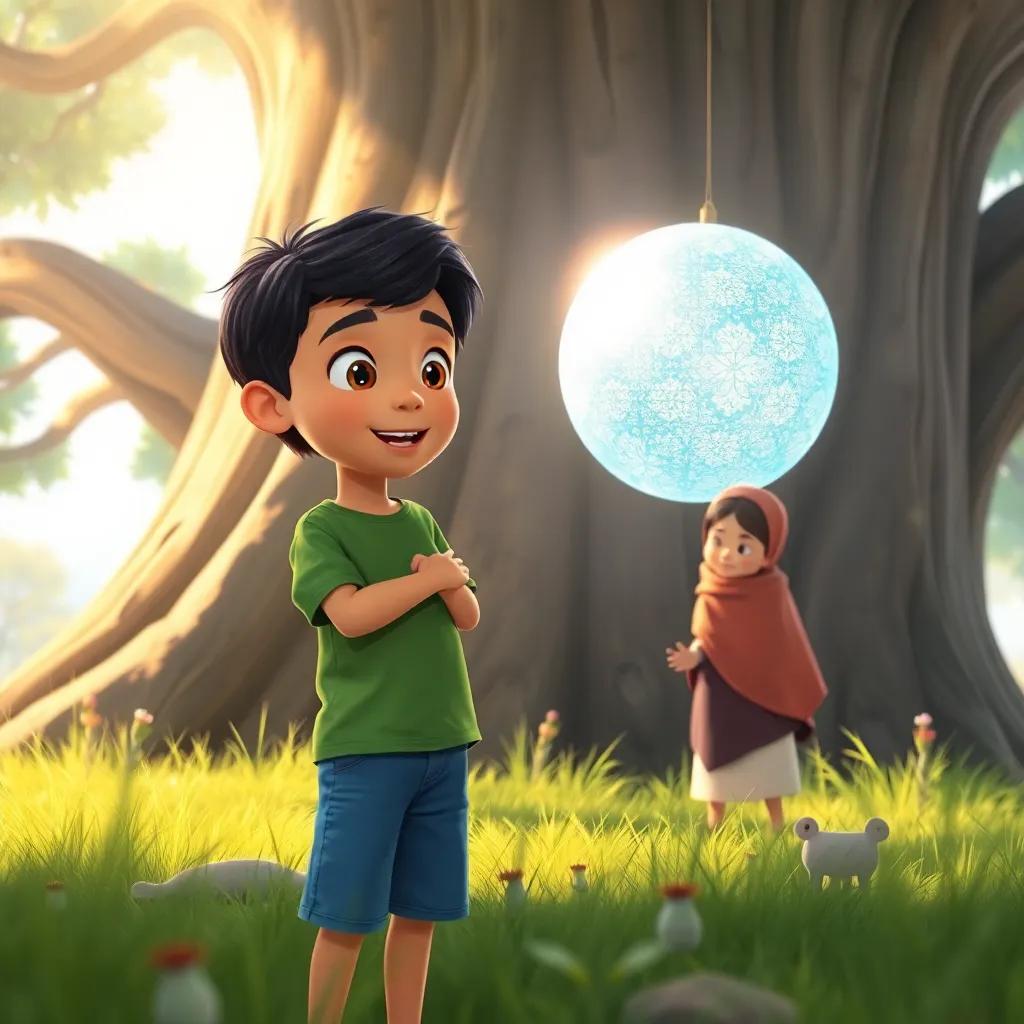 A young Arab boy, Najah, with short black hair, wearing a green t-shirt and blue shorts, looking amazed beside Nour near a huge tree with a shiny, sparkling ball, whimsical scene, playful mood, soft sunlight, high quality