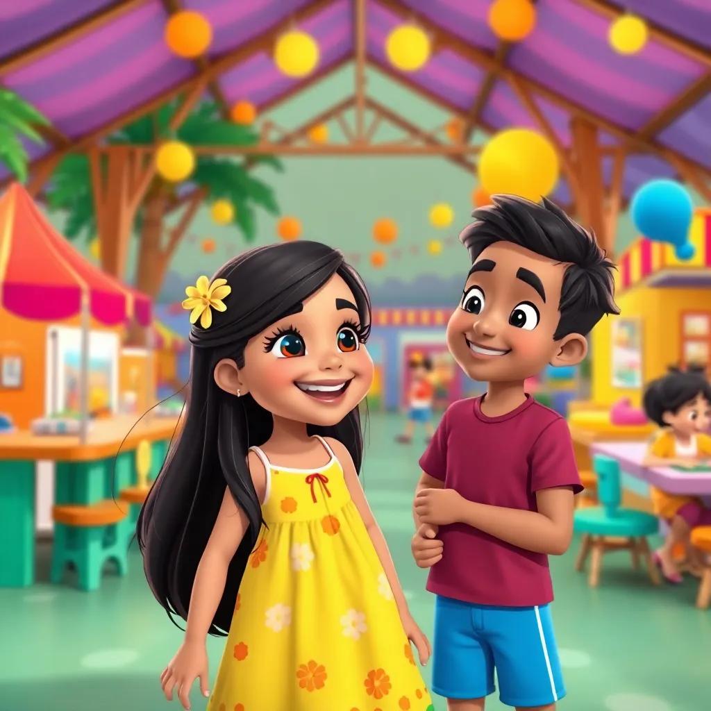 A cheerful Kuwaiti girl, Nouwaf, with long, dark hair wearing a bright summer dress, talking excitedly with her friend Ali in a colorful summer camp setting filled with various activity stations, digital art, vibrant colors, inviting atmosphere, high quality