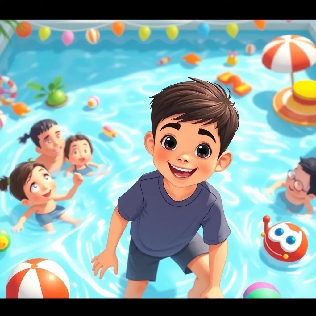 A young Kuwaiti boy, Ali, with short dark hair wearing a casual t-shirt and shorts, playing in a swimming pool with friends, surrounded by fun toys and summer decorations, illustration, joyful, child-friendly, colorful