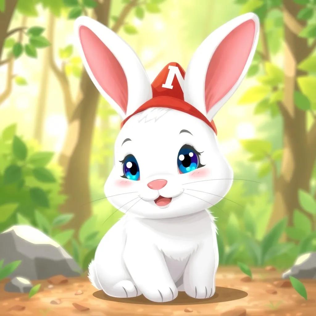 A small white rabbit named Nino, with soft fur and shiny blue eyes, wearing a red jacket and a tiny hat with the letter 'N', in a bright green forest, digital art, cheerful and playful atmosphere, high quality