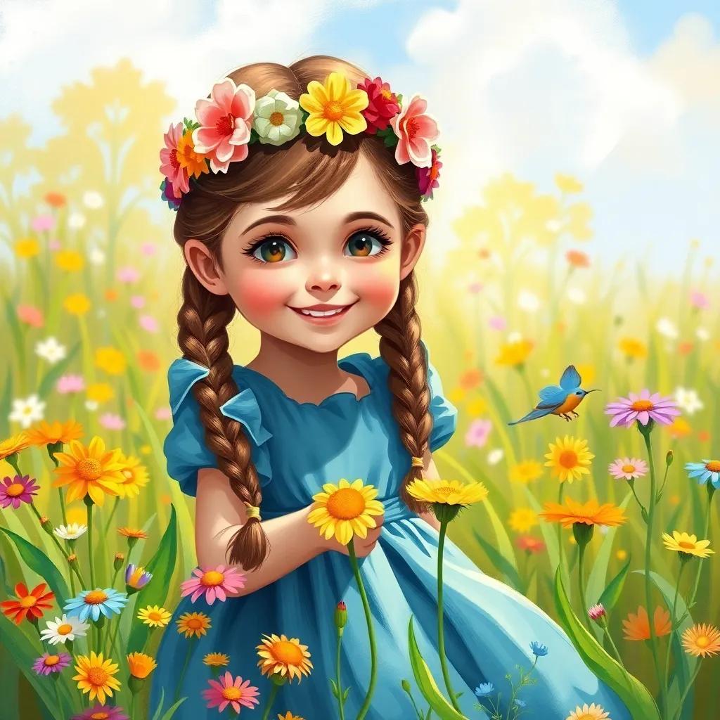 A young girl, Heidi, with braided brown hair, wearing a blue dress and a flower crown, playing among colorful flowers in a sunny meadow, cheerful, digital art, vibrant colors, child-friendly