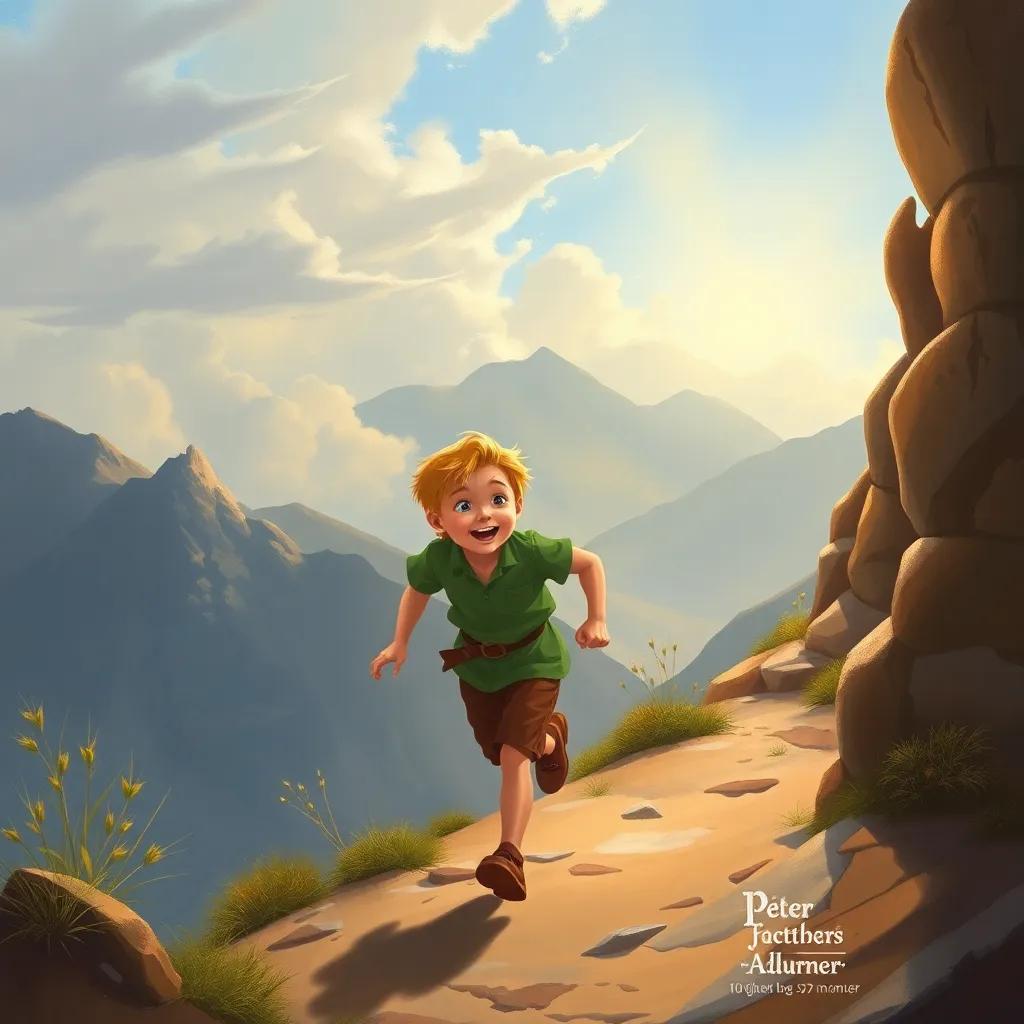 A young boy, Peter, with short blond hair, wearing a green shirt and brown shorts, running towards an elderly man on a mountain top, with a joyful expression, illustration, warm light, adventurous setting