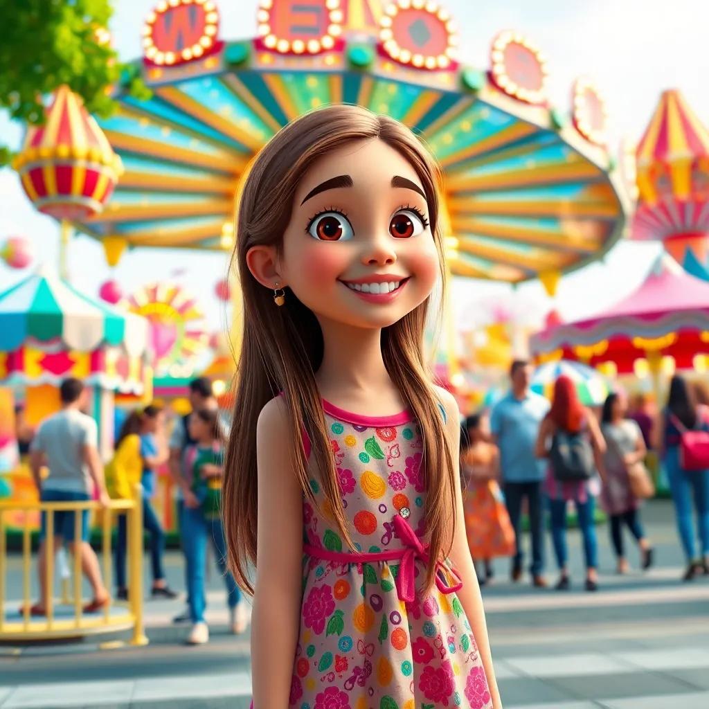 A young Arab girl, هند, with long brown hair and wearing a colorful dress, happily standing at the entrance of a vibrant amusement park with friends, the park full of colorful rides and excitement, digital art, bright colors, joyful atmosphere, high quality