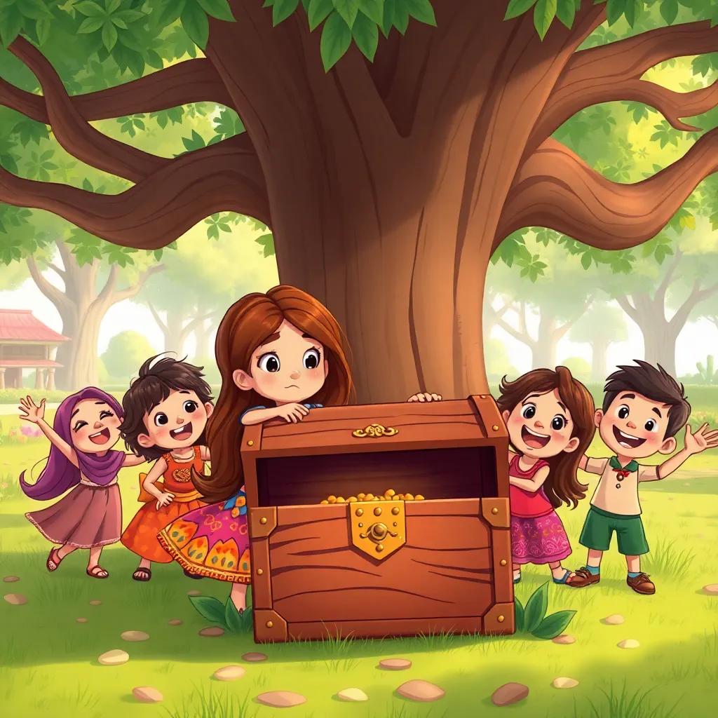 A young Arab girl, هند, with long brown hair and wearing a colorful dress, discovering a vintage treasure chest under a grand tree, surrounded by her friends excitedly, showcasing their eager expressions and the beautiful park in the background, illustration, cheerful, adventure-themed, child-friendly