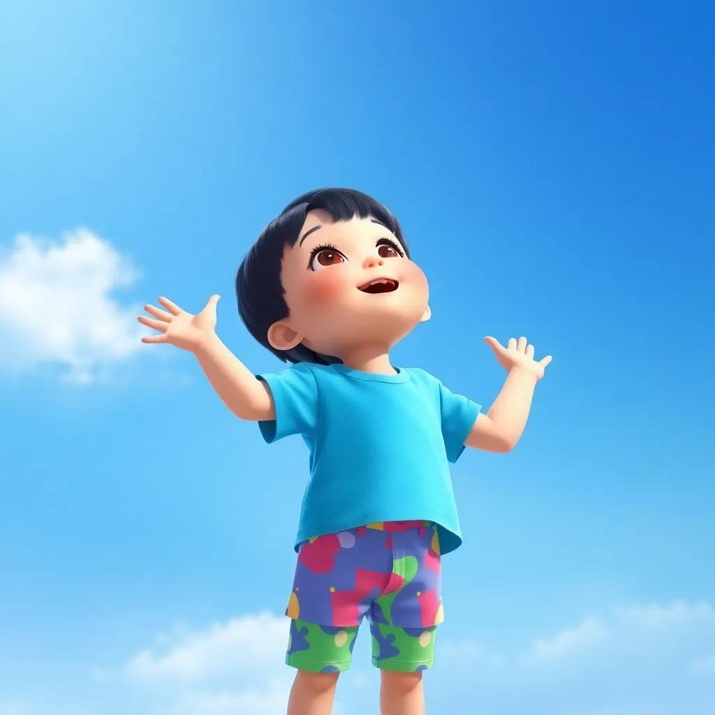 A small child, ورد, with short black hair, wearing a bright blue t-shirt and colorful shorts, looking up at the blue sky with excitement and wonder, digital art, vibrant colors, cheerful atmosphere, high quality