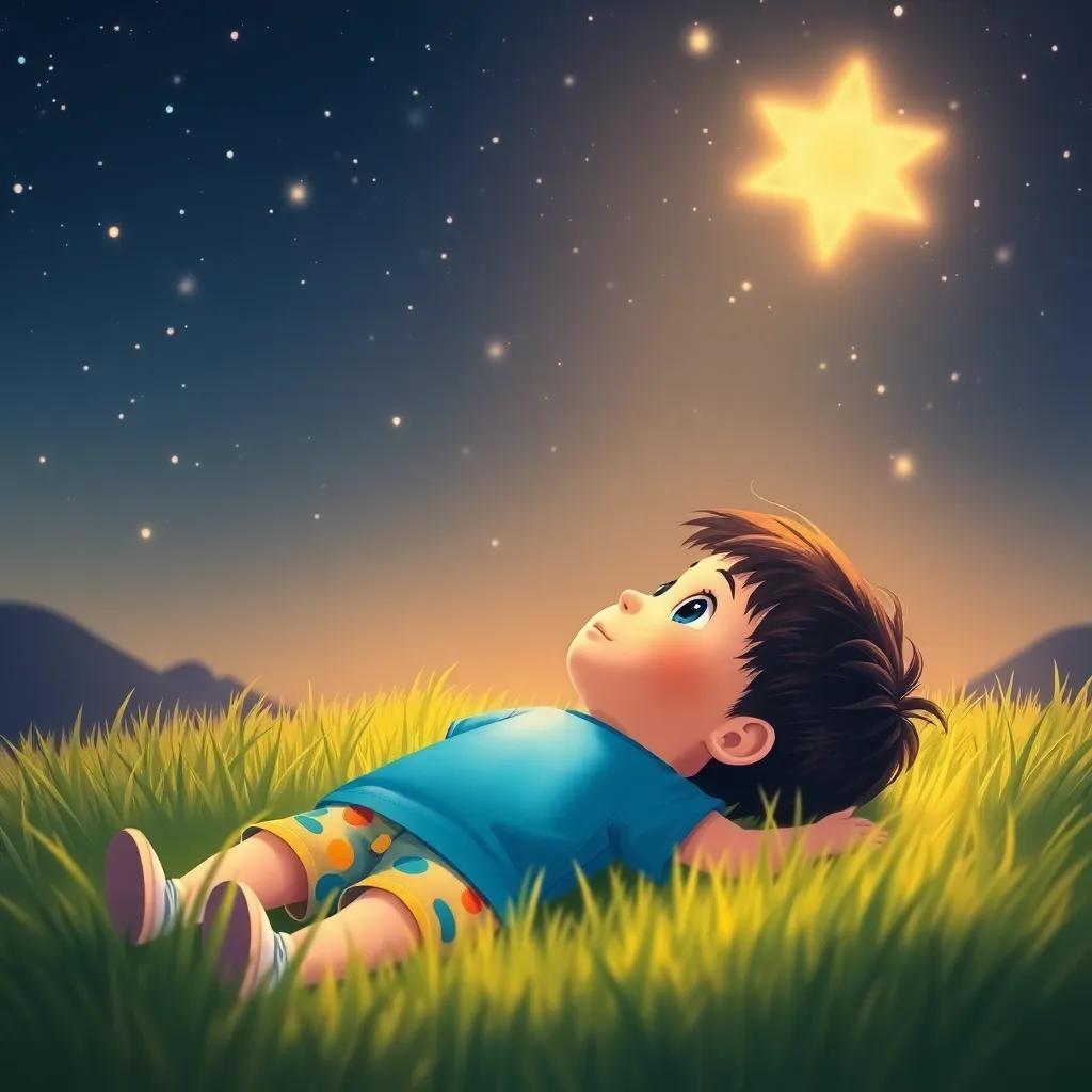 ورد, a small child with short black hair in a bright blue t-shirt and colorful shorts, lying on the grass at night, gazing up at twinkling stars, dreaming of space travel, illustration, magical feeling, warm light, child-friendly