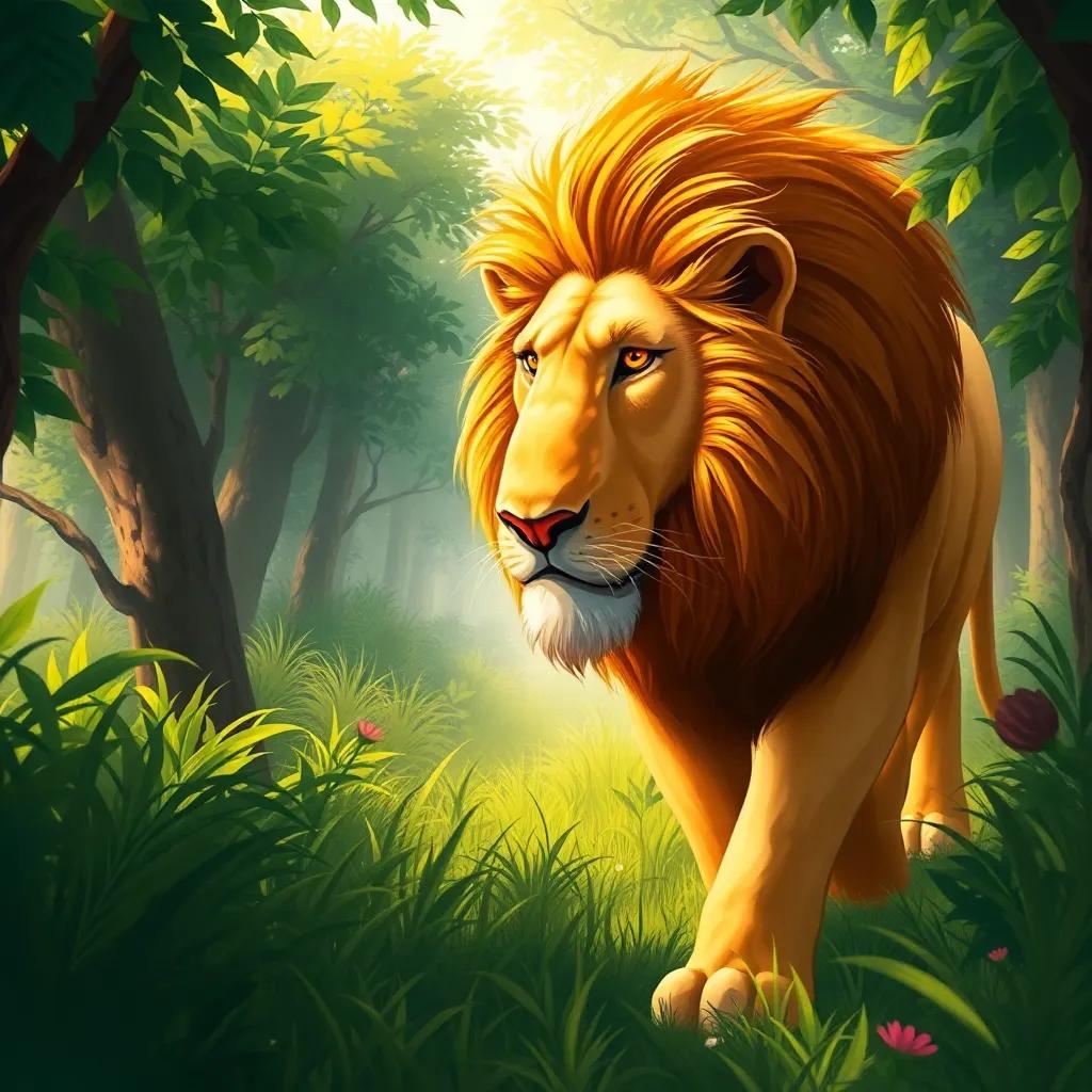 A majestic lion, Wameed, with a golden mane and fierce eyes, walking through a dense green forest, looking hungry, digital art, vibrant colors, warm sunlight, realistic perspective, high quality, children's story illustration