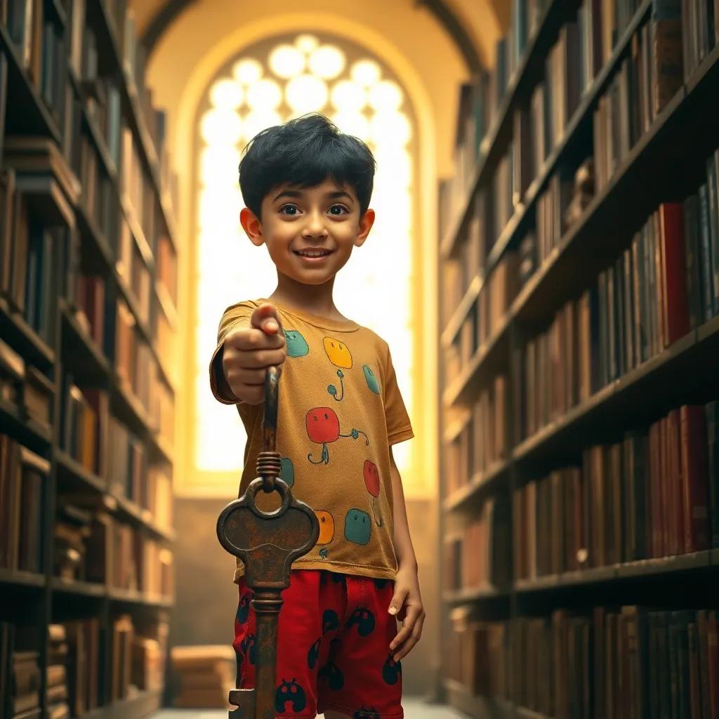 A curious young Arab boy, Yasser, with short black hair, wearing a colorful t-shirt and shorts, excitedly holding an old rusted key in a dusty old library, surrounded by tall shelves of books, warm sunlight shining through the dusty windows, cheerful atmosphere, cozy details