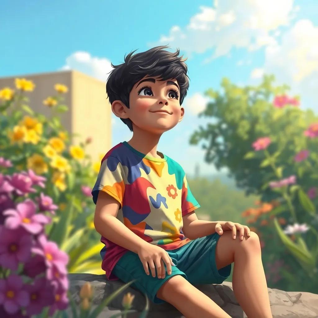 A young Arab boy, Yasin, with short black hair wearing a colorful t-shirt and shorts, sitting in a garden looking at the sky with a hopeful expression, digital art, bright colors, inviting atmosphere, cheerful