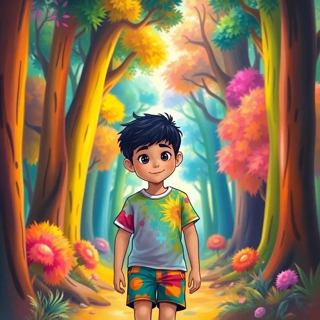 Yasin, a young Arab boy with short black hair, wearing a colorful t-shirt and shorts, entering a magical forest filled with rainbow-colored trees, full of wonder and excitement, illustration, vibrant colors, fantasy