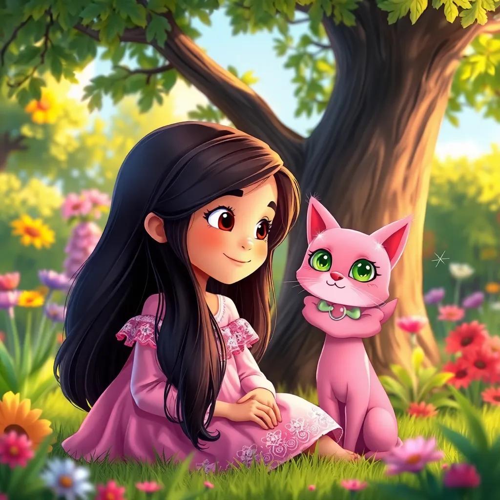 A young Arab girl, ياقوت, with long, dark hair wearing a pink dress, sitting under a tree in a colorful garden, amazed by a pink cat with sparkling eyes, cheerful atmosphere, digital art, vibrant colors, whimsical, high quality