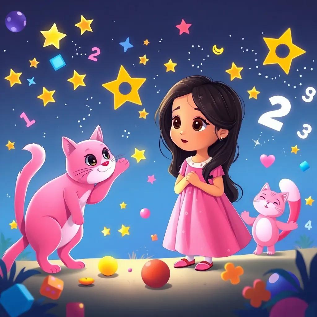 A young Arab girl, ياقوت, with long, dark hair in a pink dress, learning from a pink cat in a magical land filled with dancing shapes and numbers, bright colors and playful elements, illustration, engaging, educational, child-friendly