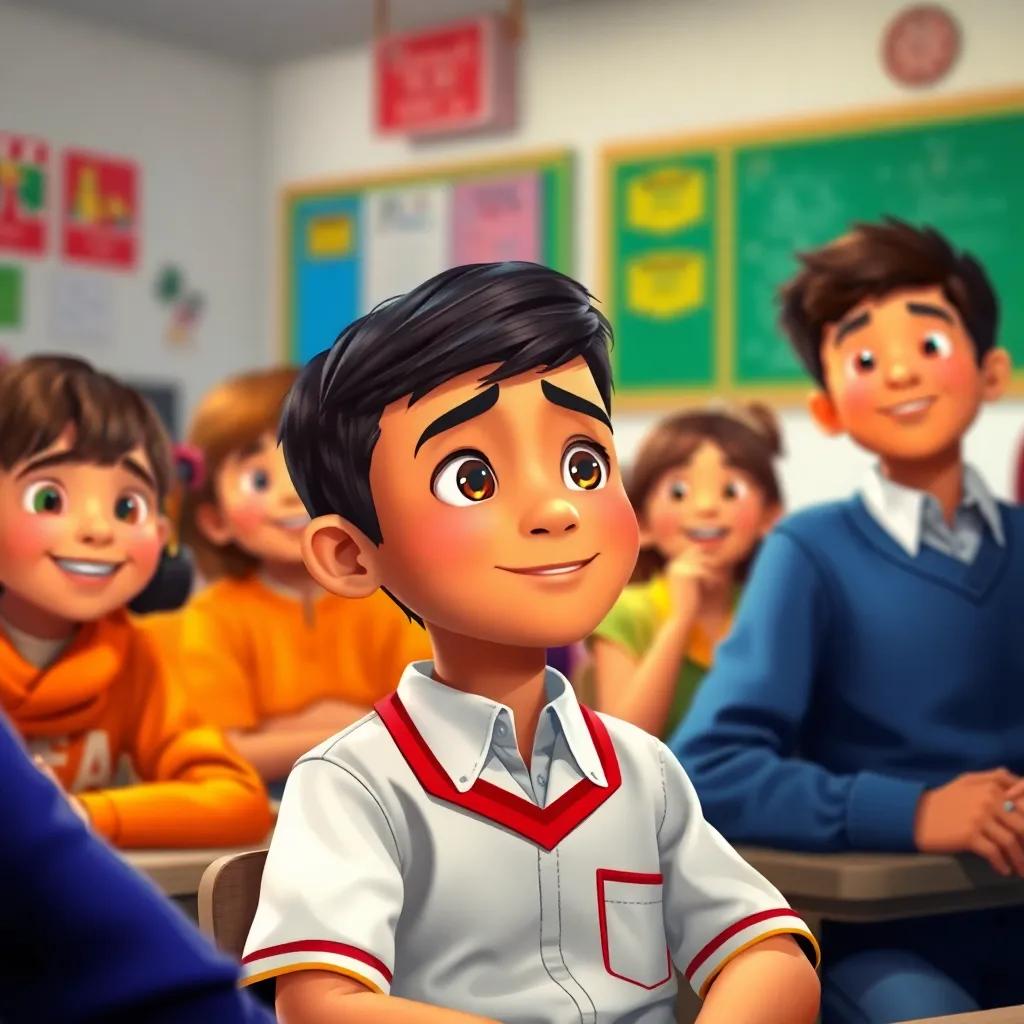 A young Arab boy, Younes, with short dark hair wearing a school uniform, sitting in a classroom with excited classmates, listening attentively to a teacher, vibrant colors, warm light, cheerful atmosphere, high quality