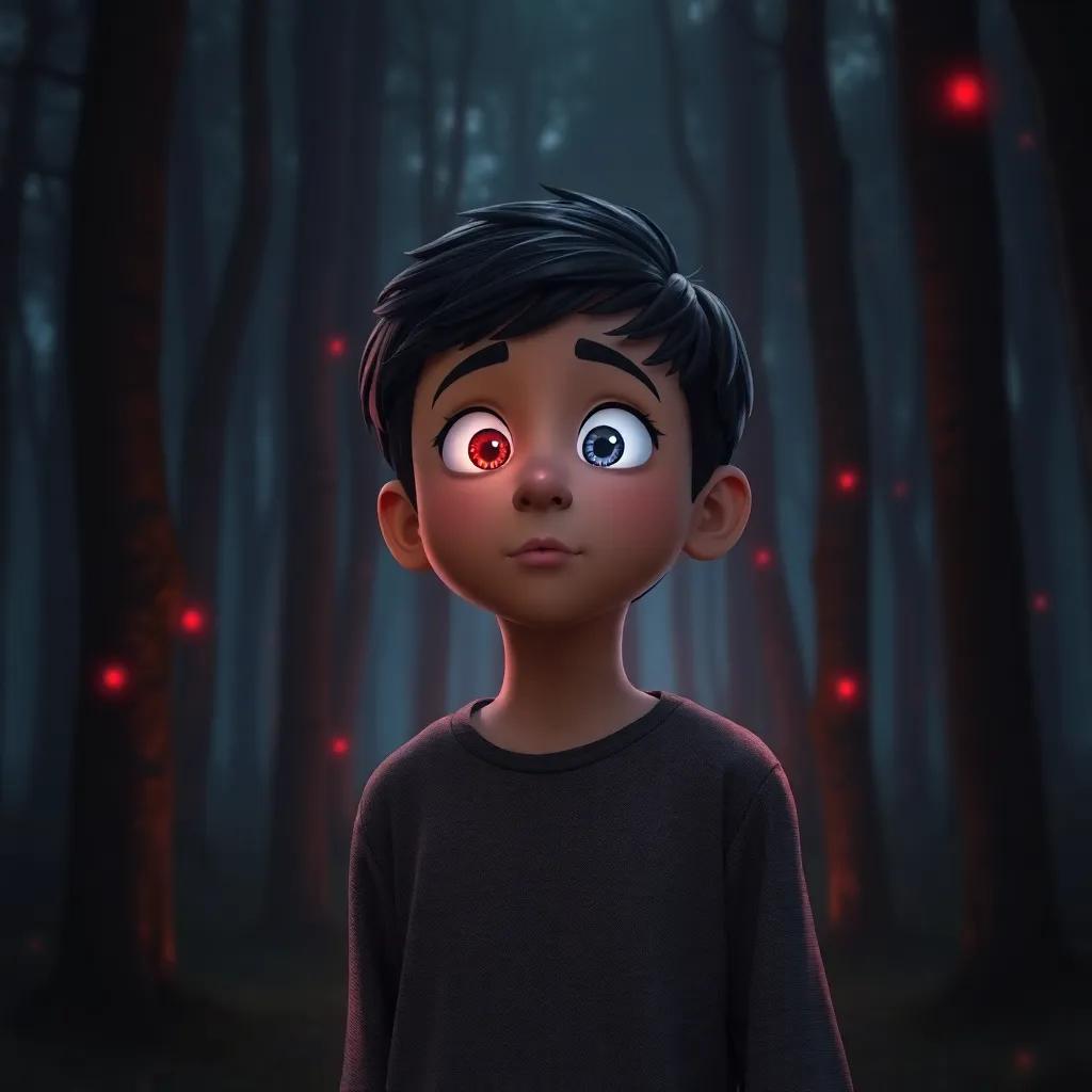 A young Arab boy, Younes, with short dark hair, standing in a forest surrounded by trees, looking surprised at glowing red and blue eyes in the darkness, eerie but captivating scene, digital art, mysterious light, magical woodland, high quality