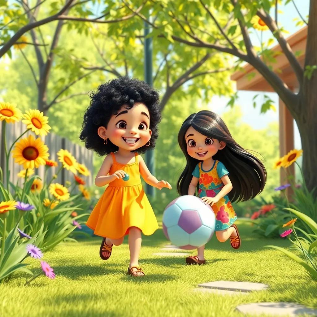 A sunny garden with two happy sisters, a young girl Yitaj, 6 years old, with curly black hair wearing a bright dress, playing ball with her older sister Rimas, 11 years old, with long dark hair wearing a colorful top, joyful atmosphere, vibrant colors, cheerful interaction, child-friendly