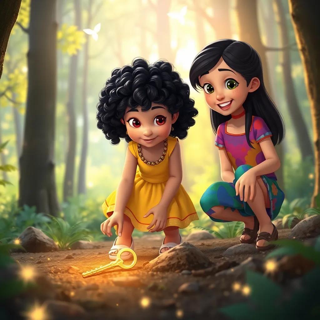 Yitaj, a 6-year-old girl with curly black hair wearing a bright dress, discovering a shiny golden key on the forest floor, Rimas, an 11-year-old girl with long dark hair in a colorful top, watching with excitement, surrounded by trees and magical sparkles, enchanting forest atmosphere, bright light, vivid colors, playful mood