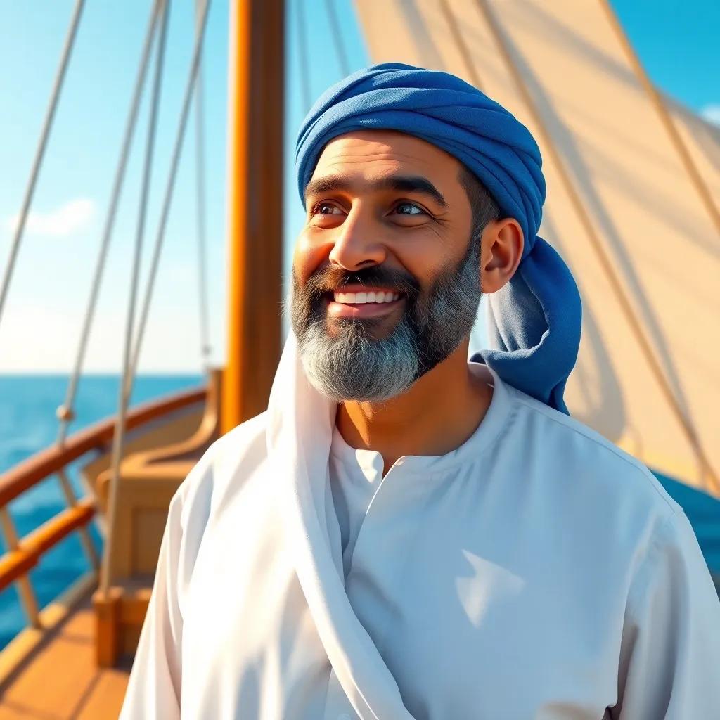 A middle-aged Arab man, Hajj Abbas, with a short beard, wearing a traditional white thawb and a blue headscarf, standing on the deck of a wooden boat with sails against a bright blue sky, cheerful atmosphere, digital art, vibrant colors, warm light, detailed