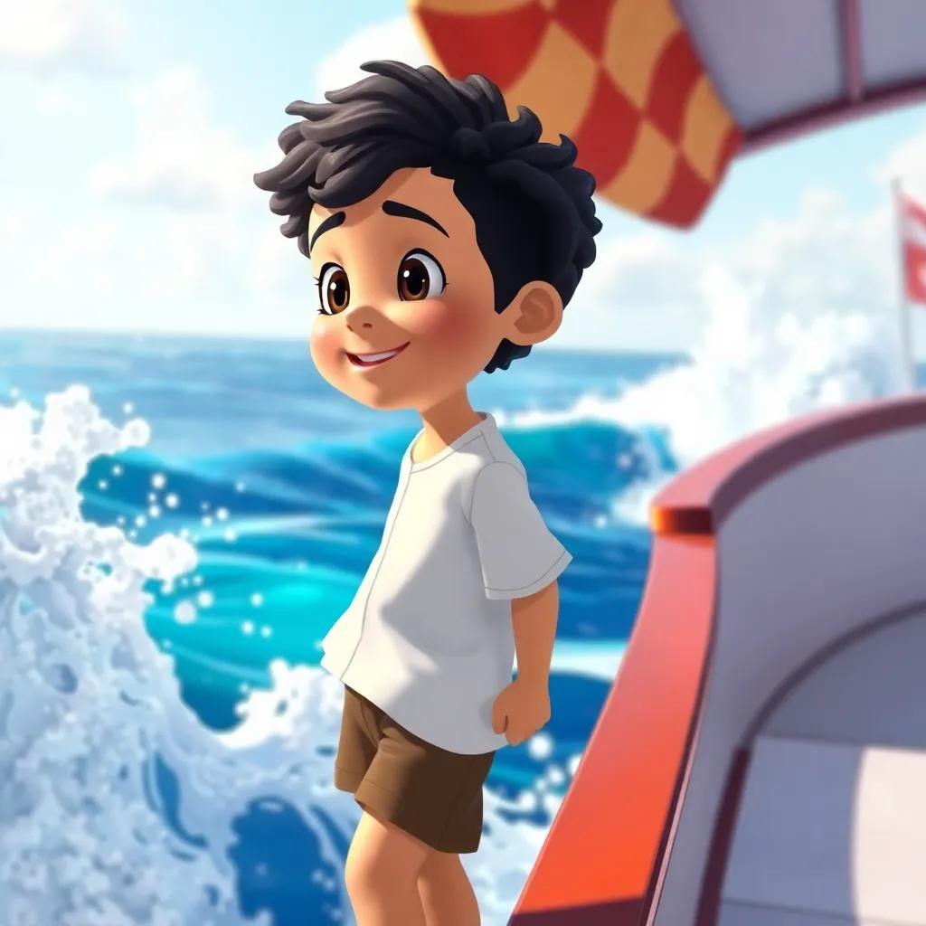 A young Arab boy, Adam, with curly black hair, wearing a simple white shirt and brown shorts, looking with excitement at the sea from the boat's edge, waves splashing around him, colorful and joyful, storytelling view, child-friendly