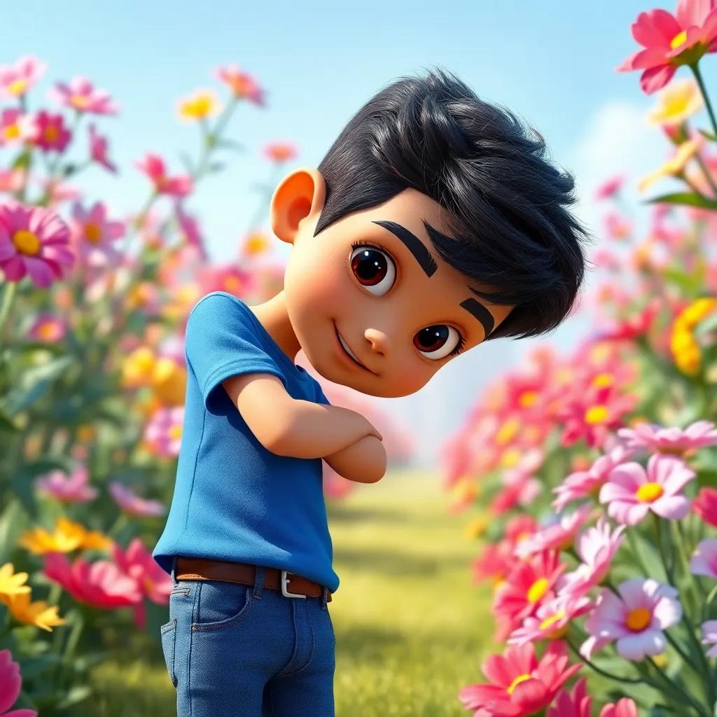 A young Arab boy, Adam, with short black hair wearing a blue t-shirt and jeans, looking for his friend in a flower garden with bright colorful flowers, digital art, vibrant, cheerful atmosphere, high quality
