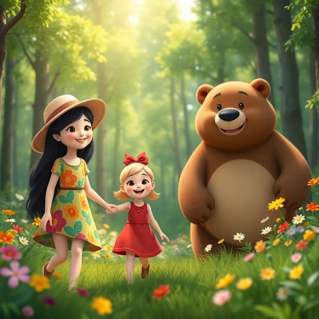 A cheerful girl, آسيا, with long dark hair, wearing a colorful dress and a sun hat, walking with ماشا, a lively girl with short blonde hair in a red dress, and a large friendly bear, الدب, with a warm smile in a green forest filled with colorful flowers, bright sunlight filtering through the trees, digital art, vibrant colors, joyful atmosphere, high quality