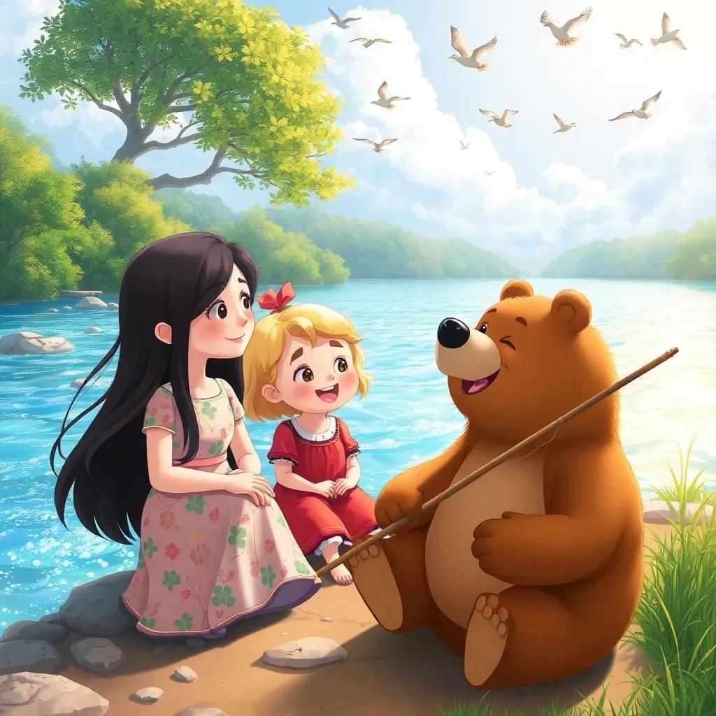 A beautiful river with sparkling water under the sunlight, آسيا, with long dark hair in a colorful dress, and ماشا, a lively girl with short blonde hair in a red dress, sitting on the riverbank, while الدب, the friendly bear, eagerly holding a fishing rod, surrounded by a cheerful scene of nature, playful birds in the sky, illustration, bright, engaging, child-friendly