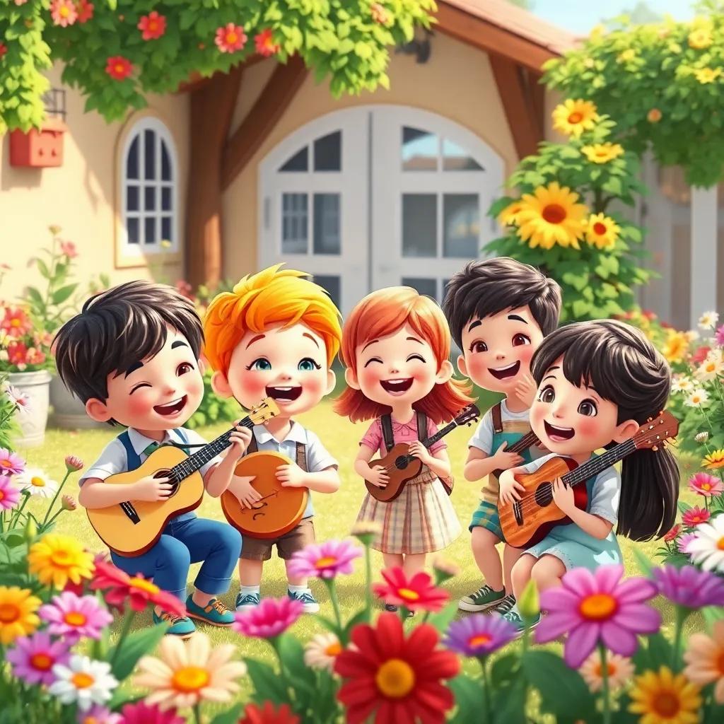 A group of children playing in a sunny school garden, with various musical instruments, surrounded by colorful flowers, joyful expressions, digital art, vibrant colors, cheerful atmosphere, high quality