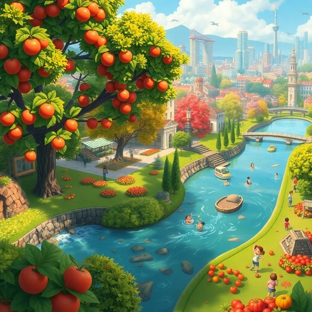 A beautiful city, full of lush trees with ripe fruits and vegetables, rivers flowing with natural juices, children playing in parks, joyful atmosphere, bright colors, happy scene, digital art, high quality