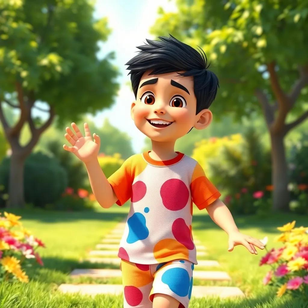 A young Arab boy, Ahmad, with short black hair wearing a colorful t-shirt and shorts, playing in a sunny garden with trees and flowers, joyful expression, bright and cheerful colors, inviting atmosphere