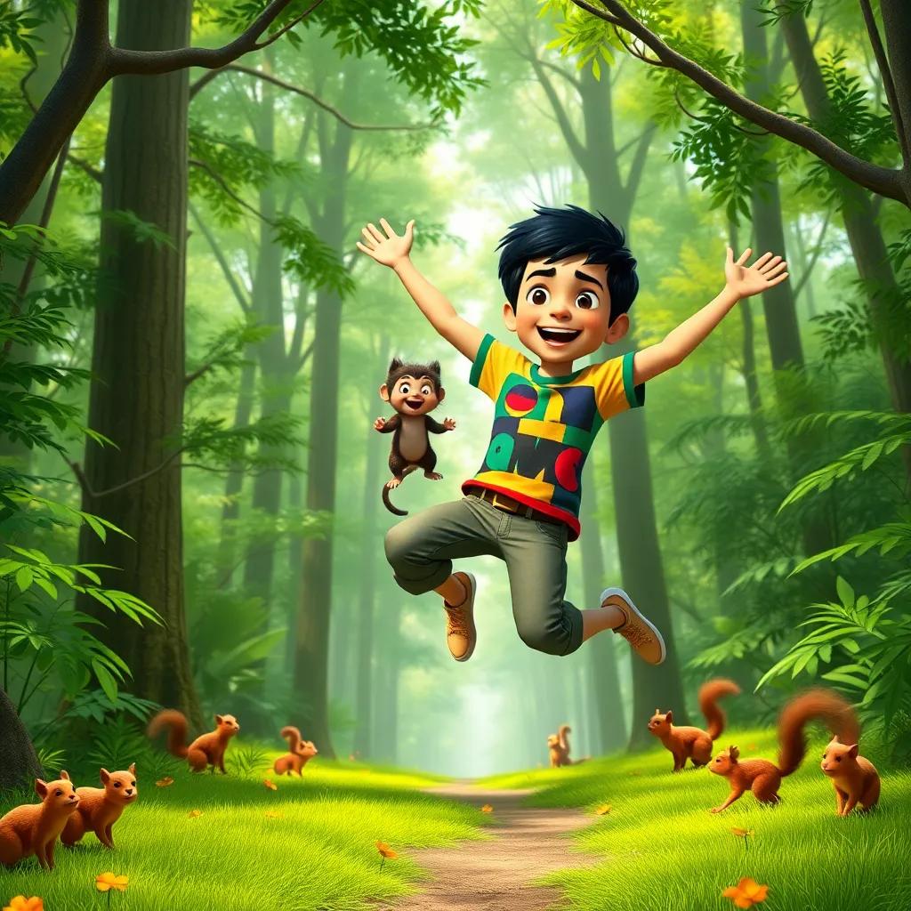 A young Arab boy, Ahmad, with short black hair and a colorful t-shirt, jumping joyfully with a small monkey in a lush green forest, tall trees and playful squirrels, adventurous scene, vibrant colors, exciting and playful mood