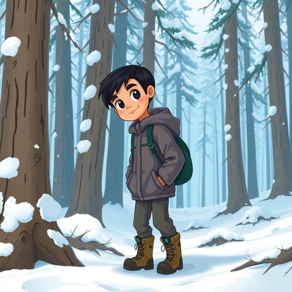 A young Arab boy, Ahmed, with short black hair, wearing a warm jacket and climbing boots, looking around in a snowy forest surrounded by tall trees, digital art, detailed, cool colors, cold atmosphere, high quality