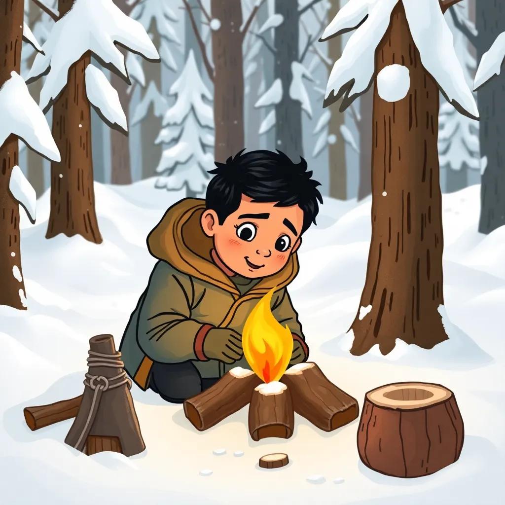 Ahmed, a young Arab boy with short black hair in a warm jacket, building a small fire using dry wood in a snowy forest, surrounded by snow-covered trees, illustration, hopeful, survival theme, child-friendly