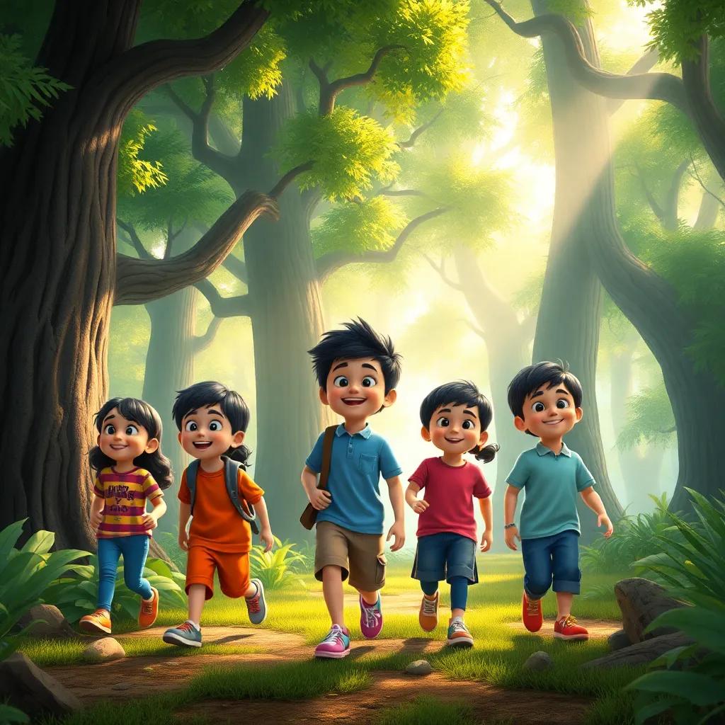 A group of excited children, Ahmad and his friends, walking into a magical forest with large, green trees and sunlight shining through them, cheerfully engaging, digital art, vibrant colors, inviting atmosphere, high quality