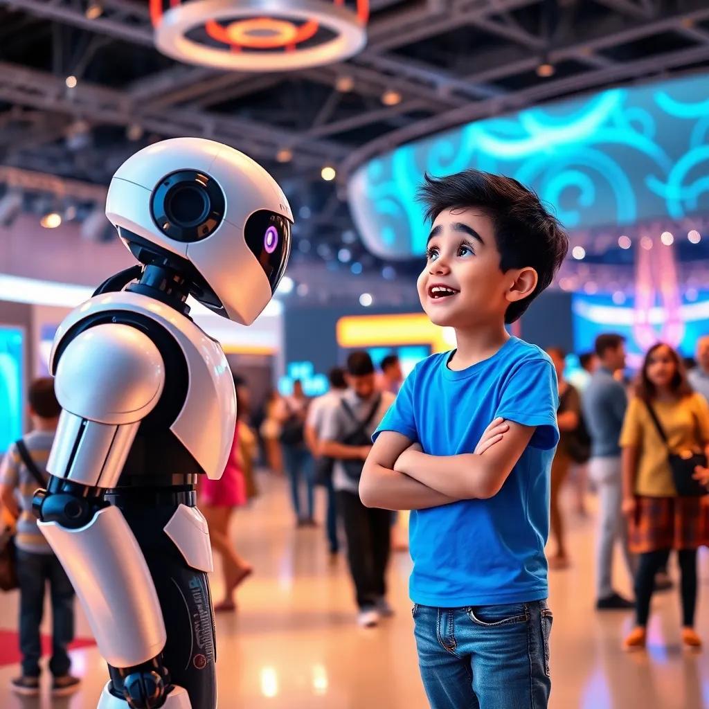 A young Arab boy, Ahmed, with short black hair, wearing a bright blue t-shirt and jeans, excitedly looking at a futuristic talking robot at a science and technology exhibition, people admiring inventions around him, colorful lights and displays, detailed digital art, lively atmosphere, engaging perspective, high quality
