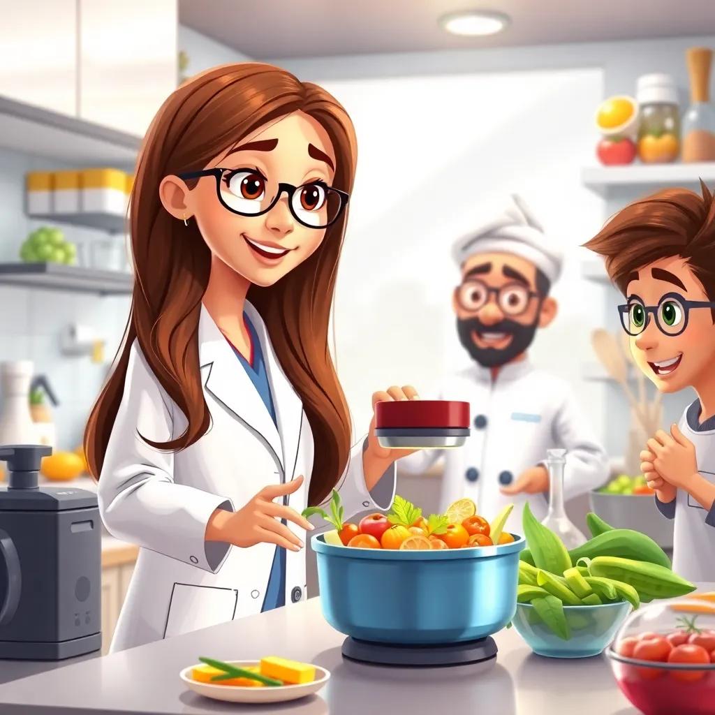 A young Arab girl, Leila, with long brown hair, wearing a white lab coat and glasses, showing Ahmed and his friends a new cooking device, a modern kitchen setting filled with gadgets and colorful ingredients, bright lighting, friendly expressions, detailed illustration, educational theme, appealing to children