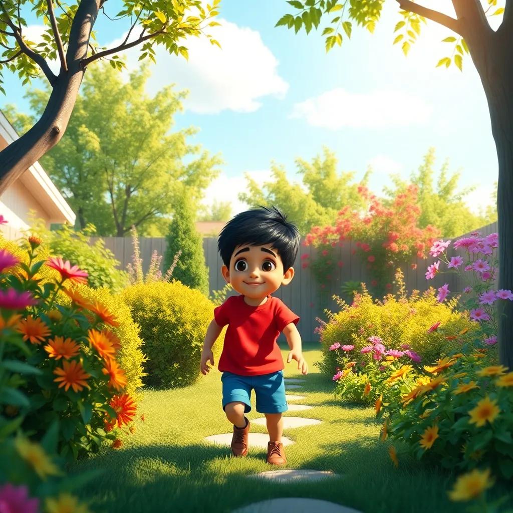 A warm sunny day in a vibrant backyard, featuring a small boy named Ahmed, with short black hair, wearing a bright red t-shirt and blue shorts, eagerly exploring among trees and bushes, colorful flowers blooming, digital art, cheerful, bright colors, high quality, dynamic perspective