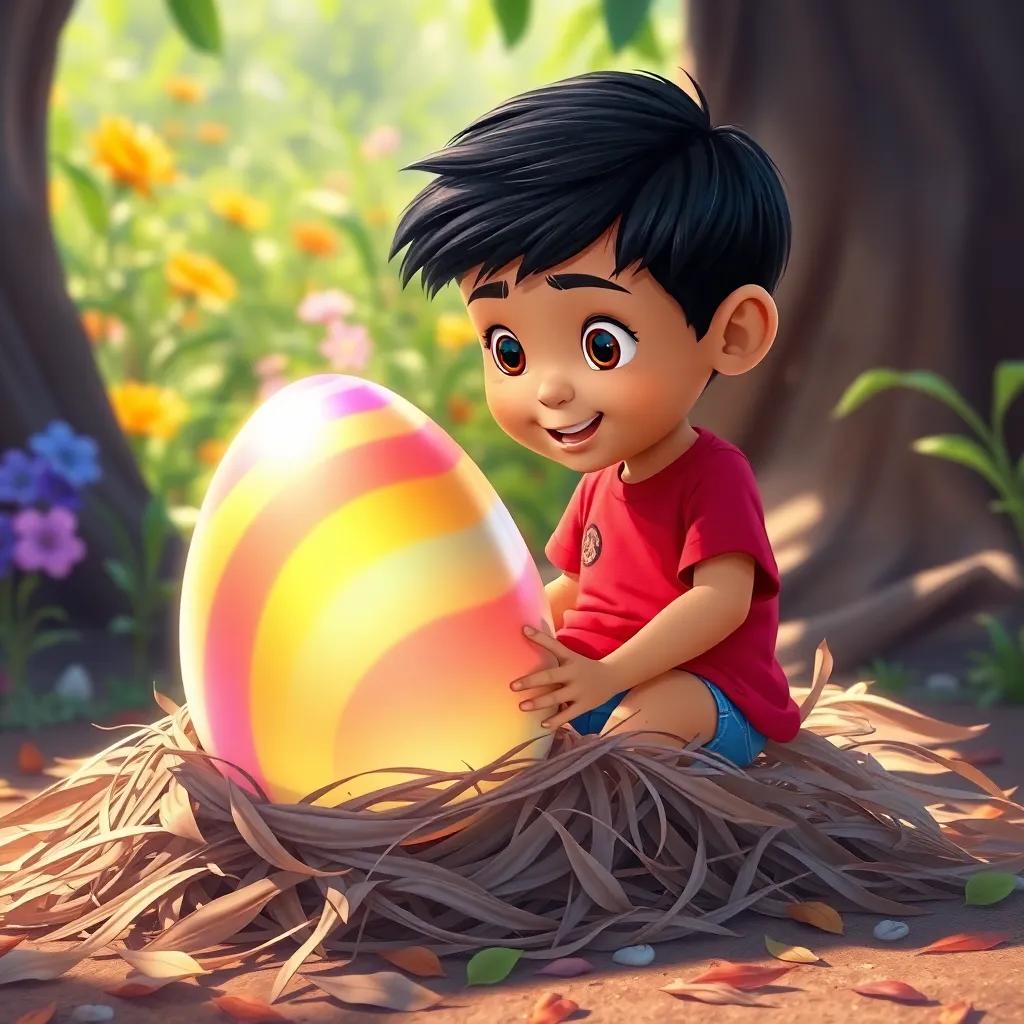 Ahmed, a small boy with short black hair, wearing a bright red t-shirt and blue shorts, discovering a big, shiny rainbow-colored egg beneath a pile of dry leaves, surrounded by a sunny garden, illustration, magical, vibrant, child-friendly, engaging