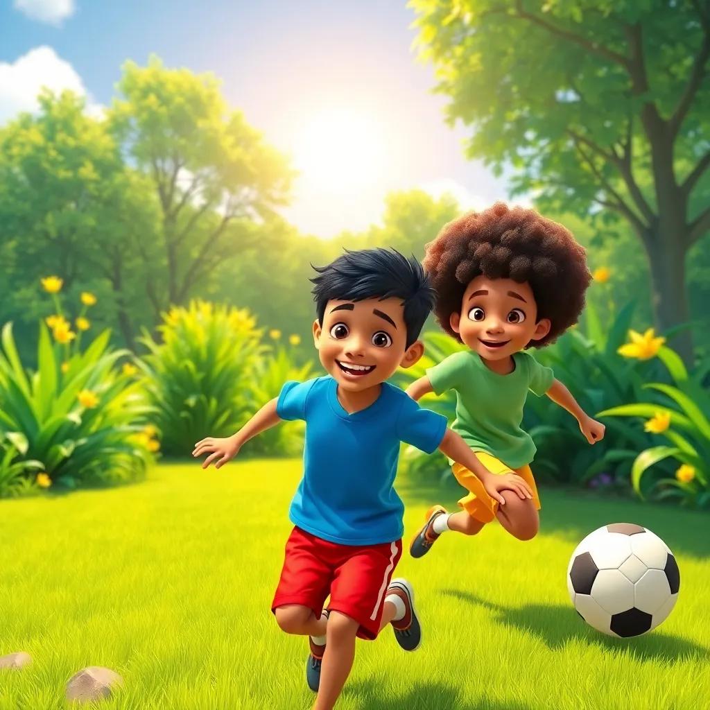A bright green garden with a sunny sky, two boys playing football joyfully, Ahmed with short black hair wearing red shorts and a blue shirt, and Mohamed with curly hair in yellow shorts and a green t-shirt, cheerful atmosphere, vibrant colors, digital art, child-friendly.