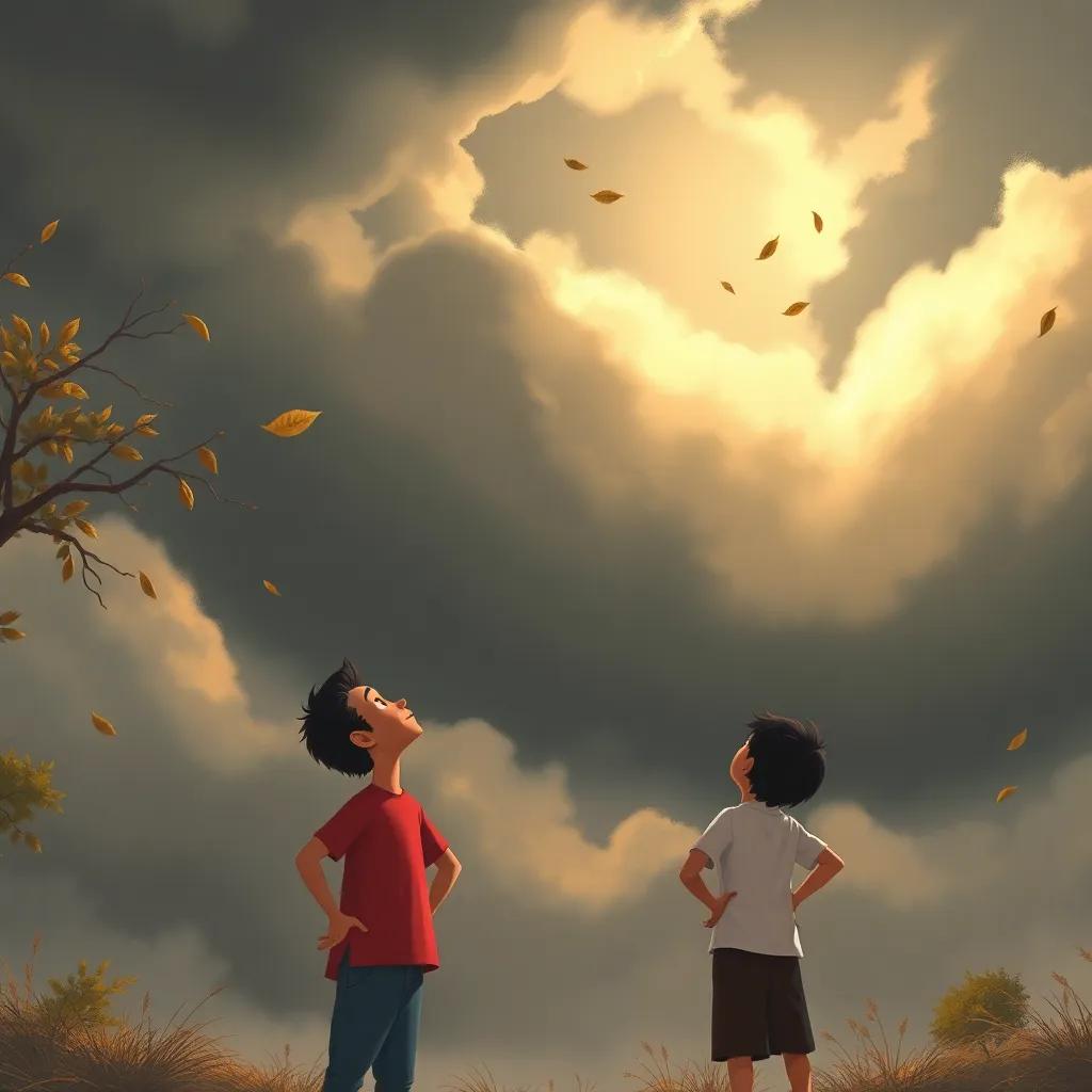 A dark gray sky filled with clouds, strong winds blowing leaves off the trees, Ahmed standing with his hands on his hips looking up, and Mohamed pointing at the sky, feeling excited, illustration, dramatic, warm light, child-friendly